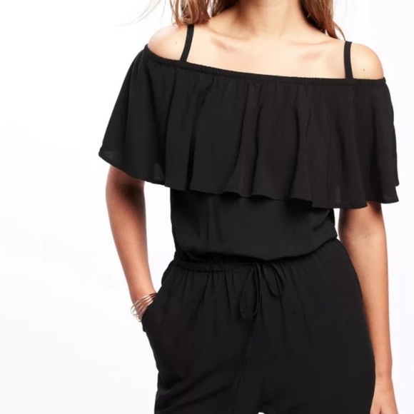 Old Navy Ruffled Off The Shoulder Black Ankle Length Jumpsuit Size Small - Picture 2 of 16